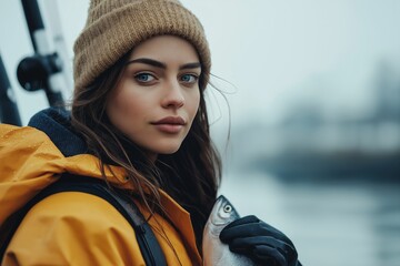 Woman is holding a fish in her hand. She is smiling and wearing a hat. The fish is brown and has a mouth. woman fisherman holding salmon on boat -