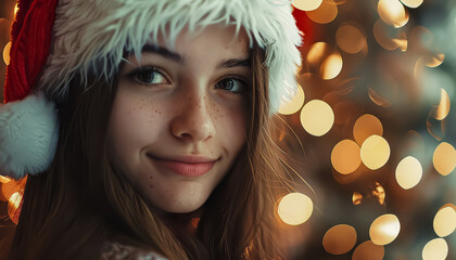 Poster - A girl wearing a red and white Santa hat and smiling