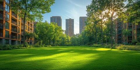 Sticker - Green Urban Park with Buildings in Background