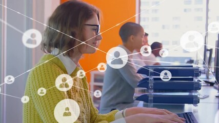 Poster - Animation of network of connections with icons over diverse business people in office