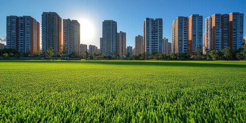 Poster - Modern City Skyline with Lush Green Grass