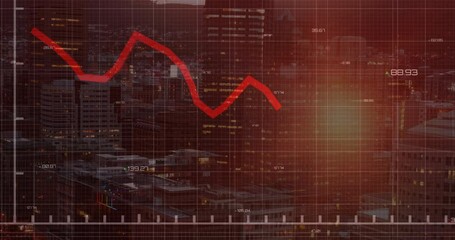 Poster - animation of red line and financial data processing over dark background