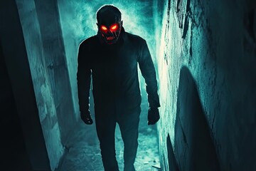 A Man Wearing a Scary Mask Walks in a Dark Alley