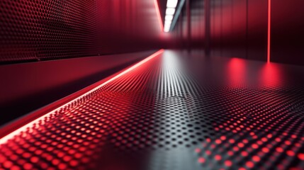 Poster - A futuristic corridor illuminated with red light and metallic textures.