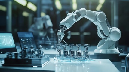 Poster - A robotic arm working in a laboratory setting, handling glass vials and equipment.