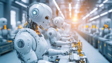 Poster - A row of humanoid robots working in a futuristic industrial setting.