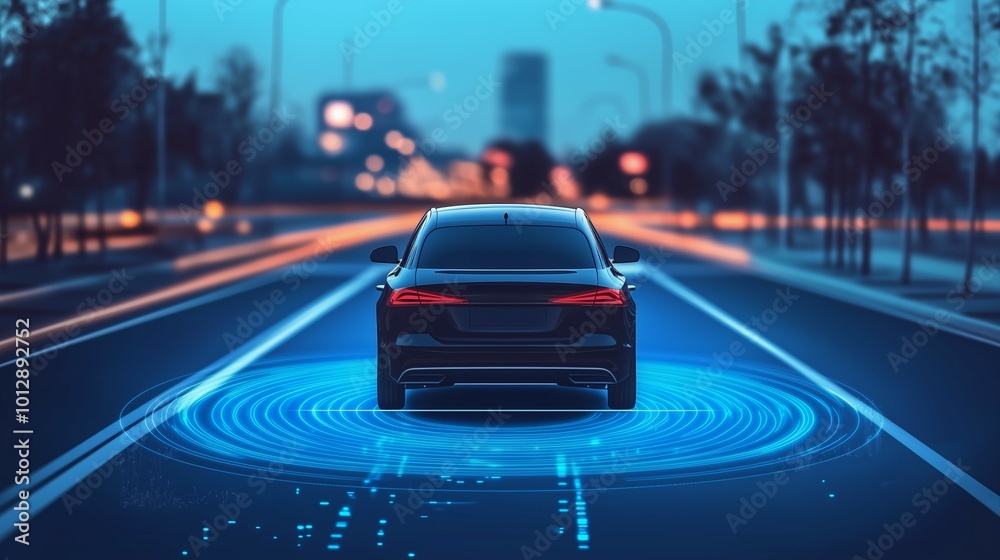 Futuristic driver less smart autonomous car with radar signal system on ...