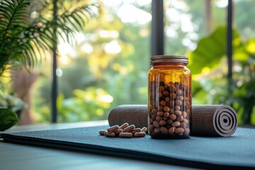 Jar with reishi mushroom capsules on a yoga mat, copy space, nature on the background. Concept: healthy lifestyle, alternative medicine, superfood, supplements, delicatessen fungi