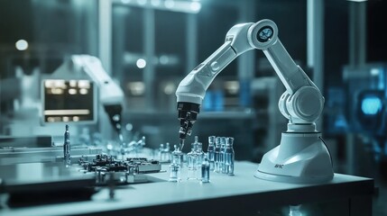Poster - Robotic arm working with laboratory vials in a high-tech environment.