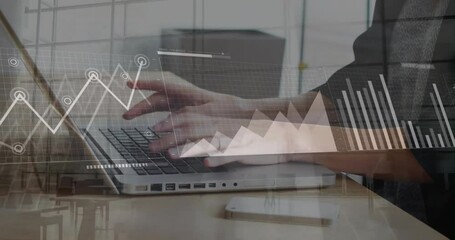 Poster - Animation of financial data processing over caucasian businesswoman using laptop in office