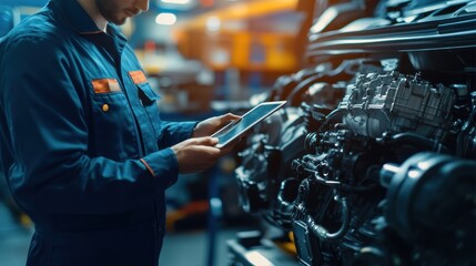 Poster - A mechanic using a tablet while working on an engine in a workshop.