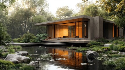 Poster - Modern house surrounded by serene nature and reflective water.