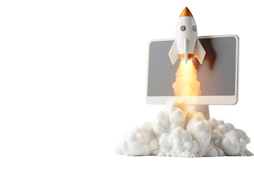 Fototapete - Rocket launching from a laptop screen, symbolizing innovation and digital evolution, on a white isolated background.