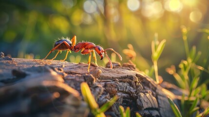 A small black ant is standing on a log in a field