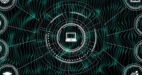 Poster - animation of scope scanning with icons over lines on black background