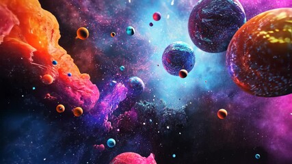 Wall Mural - a vibrant nebula with colorful planets, dust, and stars fills the cosmos in a cosmic dreamscape