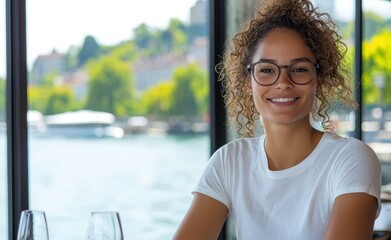 A candid portrait of an attractive woman with glasses smiling confidently in a bright and modern restaurant setting