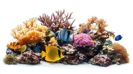 Coral reef with colorful fish and sponges, isolated on a white background