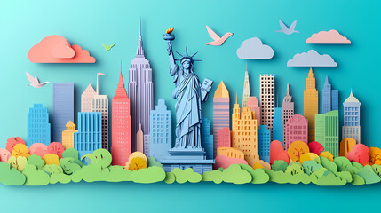 USA travel vector illustration. American city famous landmark background in paper cut art style.