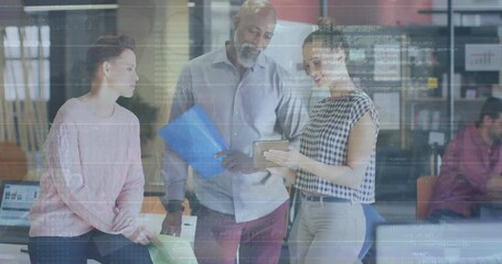 Poster - Animation of financial data processing over diverse colleagues having meeting in office