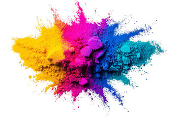 Poster - Colorful explosion of powder pigment in vivid hues of yellow, pink, and blue on a black background.