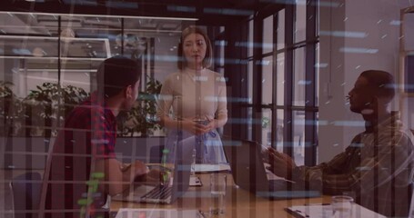 Poster - Animation of financial data processing over diverse colleagues having meeting in office