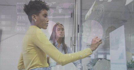 Poster - Animation of financial data processing over diverse colleagues brainstorming in office