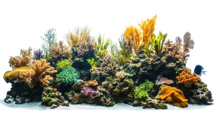 Lush coral reef habitat with various marine species, isolated on white