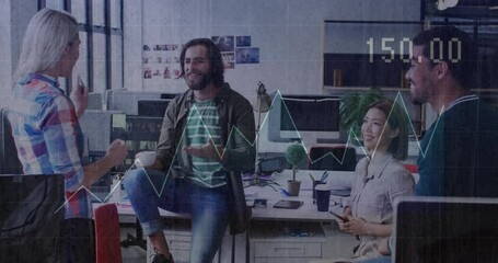 Poster - Animation of financial data processing over diverse colleagues having meeting in office