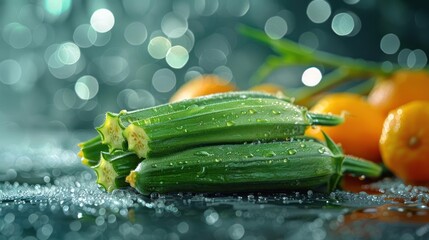 Wall Mural - a close up of a cucumber and oranges on a table