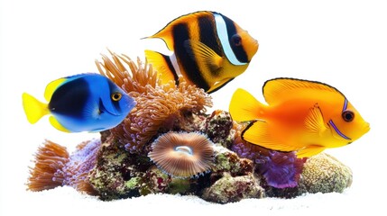 Vibrant tropical fish swimming around a coral reef, isolated on a white backdrop