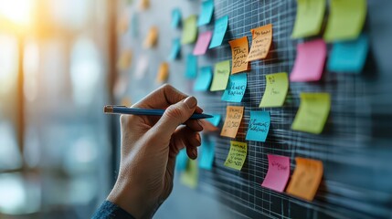 Poster - Close-up of a professional planning strategy with sticky notes on a wall during a business meeting in an office setting