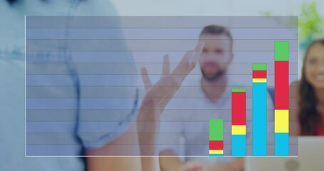 Poster - Animation of data processing over diverse colleagues having meeting in office