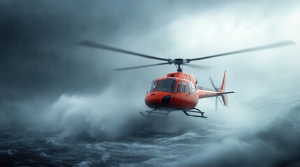 Red helicopter flying through stormy seas under dramatic cloudy skies.