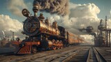 A powerful steam locomotive on a railway track with a dramatic sky and industrial setting in the background. The steam and heavy machinery evoke a bygone era of industrial progress.. AI Generation