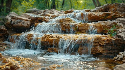Wall Mural - animation serene cascade flowing through tranquil forest landscape generated with ai