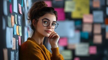 Sticker - Thoughtful Woman with Glasses Leaning Against a Wall Covered in Sticky Notes