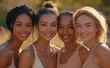 © Georgii - Group of smiling diverse women with natural beauty showcasing glowing skin outdoors in warm sunlight