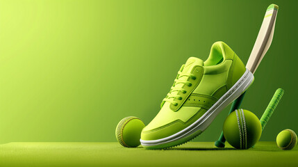 Cricket sport shoe and cricket set on green background