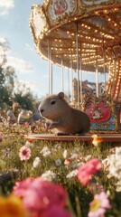 Poster - A rodent sitting on top of a carousel in a field of flowers