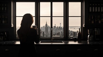 Sticker - A woman standing in front of a window with a view of a city