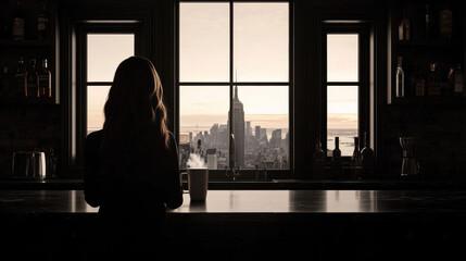 Sticker - A woman sitting at a bar looking out a window