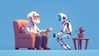 © merida - 3D cartoon style illustration of a  old man sitting on a sofa, happily chatting with a modern robot, representing the concept of elderly care and companionship.