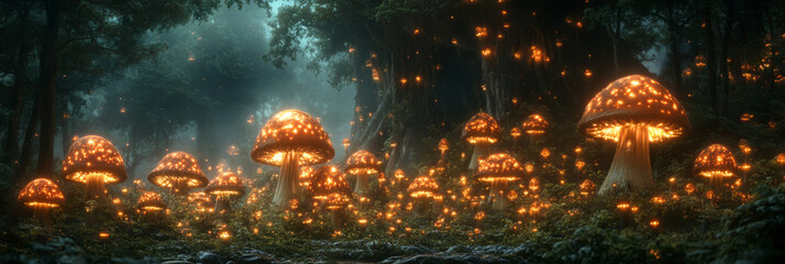 Wall Mural - Enchanted forest with glowing mushrooms. A magical scene with fairy lights.