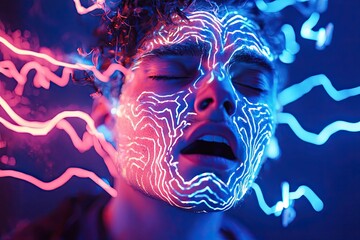 Poster - A Man's Face Glowing with Neon Lines Against a Dark Background