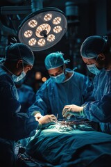 Wall Mural - Dramatic photograph of surgeons working in an operating room, showcasing teamwork and precision under intense lighting.