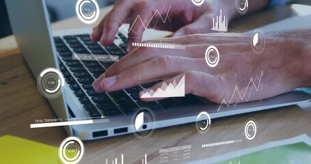 Poster - Animation of data processing over caucasian businessman using laptop in office