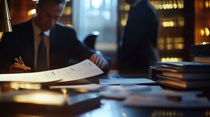 Poster - A businessman reviews documents at a desk in a dimly lit office.