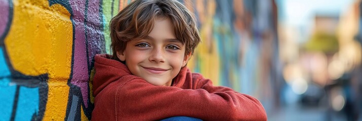 Sticker - Smiling Boy Against Colorful Wall