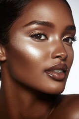 close-up portrait of an African American model wearing iconic 1960s makeup and hairstyle